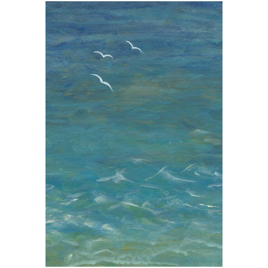 Artwork depicting an aerial view of a turquoise sea with white-capped waves and seagulls soaring above.