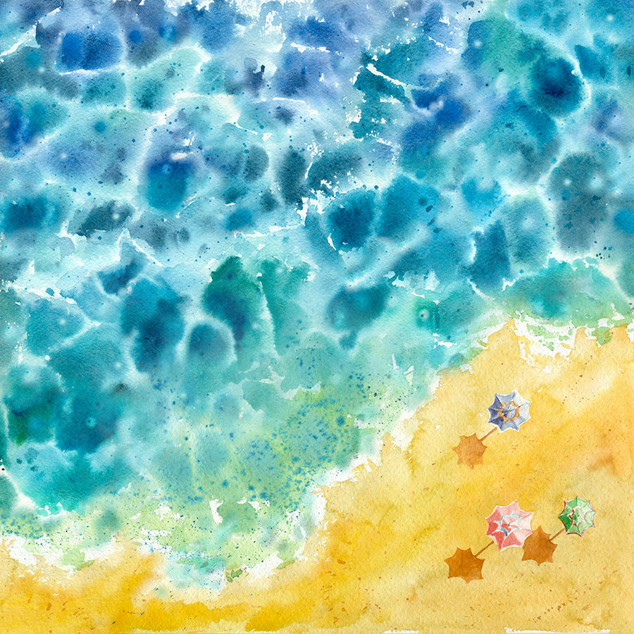 Beach art of sun-dappled aqua blue sea, golden sand and colourful beach umbrellas. 