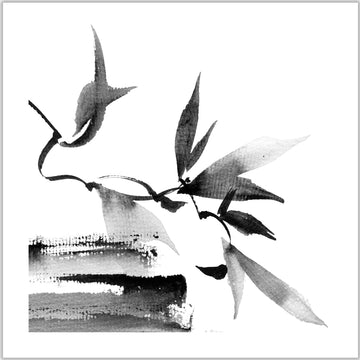 Black and white Japanese-style ink art. Twigs and leaves contrasted against a pristine white background.