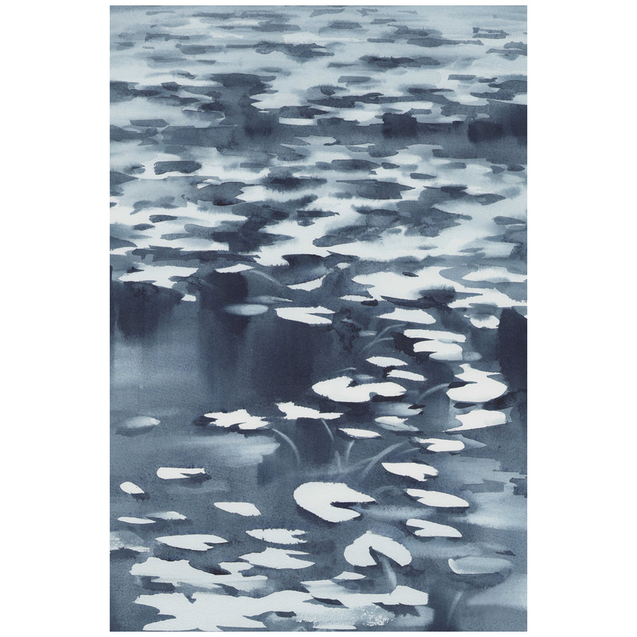 Inky black and white watercolor artwork depicting a waterlily pond under the glow of moonlight. 