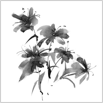 Black and white floral artwork inspired by Japanese ink art. Black ink on stark white canvas accentuates the floral details.