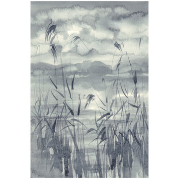 Black and white watercolour artwork with soft grey washes of colour capturing an ethereal lakeside landscape. 