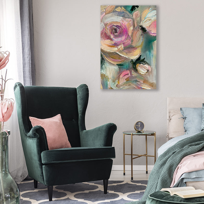 Abstract canvas art print of a rose and rosebuds in a luxe pink and emerald interior.