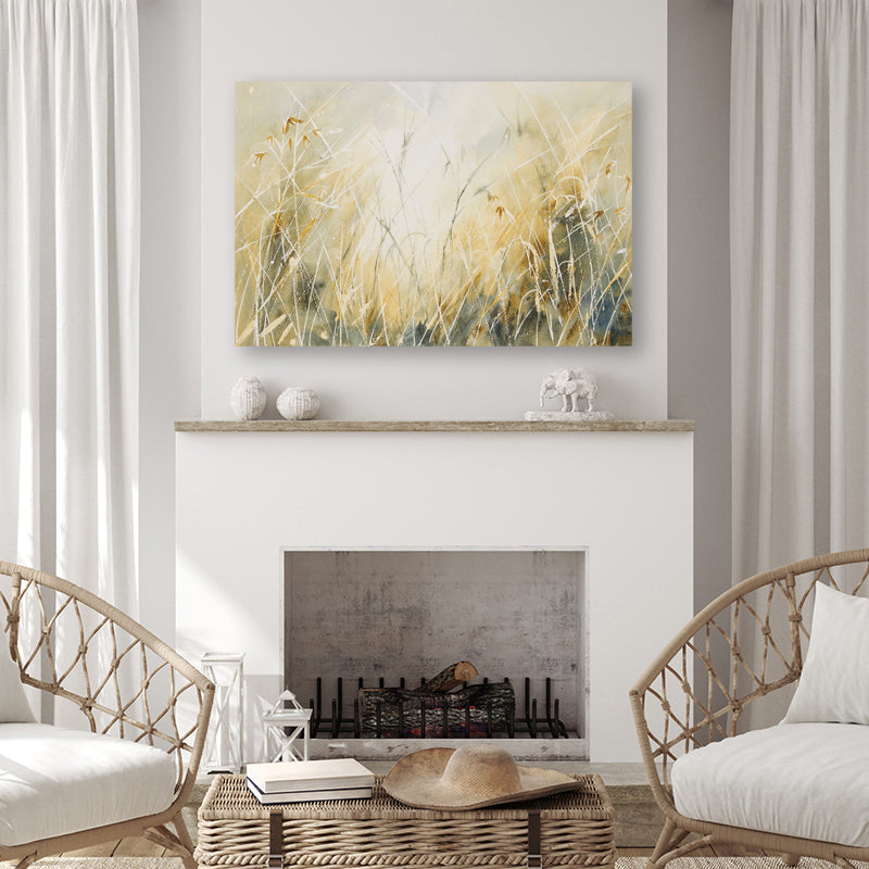 Canvas art print that captures sunlight filtering through dried grass, showcasing tan hues, in a beige living-room.  