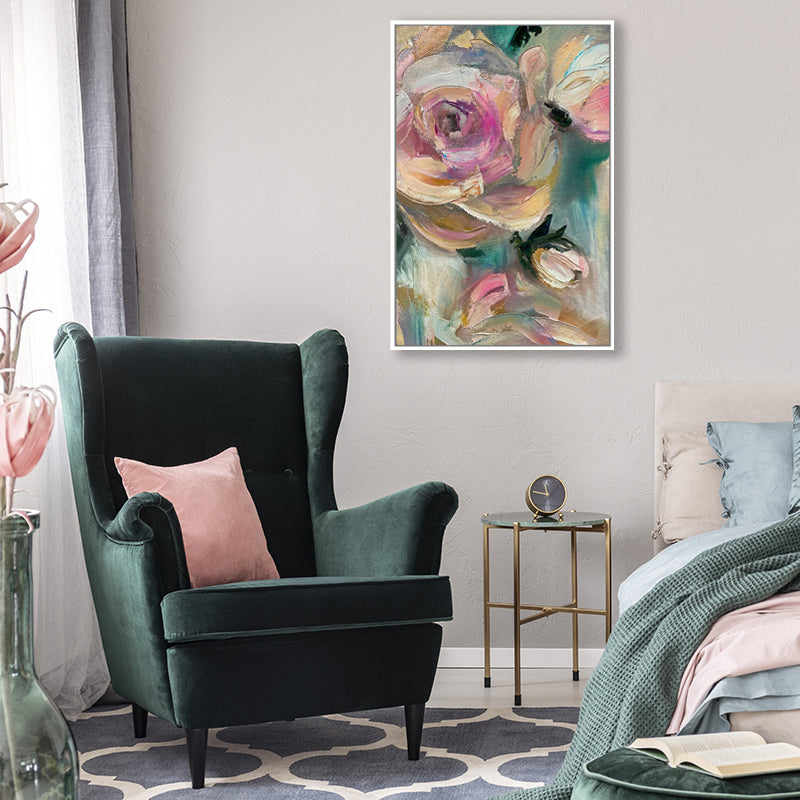 Abstract canvas wall art print of a pink rose in a luxe emerald and pink interior.