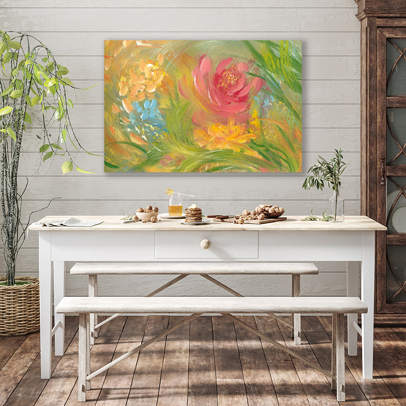 Art print in fresh green hues of spring foliage, and pink and orange flowers, displayed in a rustic country-style interior.