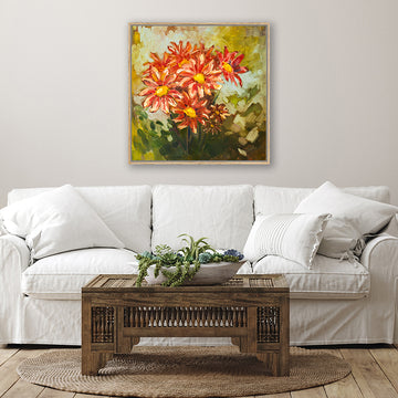 Canvas art print depicting a cluster of red flowers and olive-green foliage, in a country-style living room.