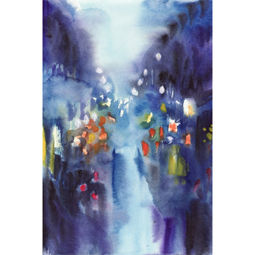 Impressionist watercolor artwork featuring indigo blue, capturing the luminescence of street lights on a rainy night.