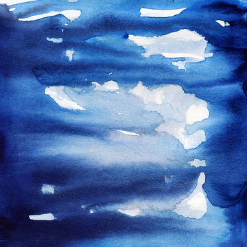Abstract watercolour artwork suggestive of navy blue storm clouds, with breaks of white sunlight piercing through.