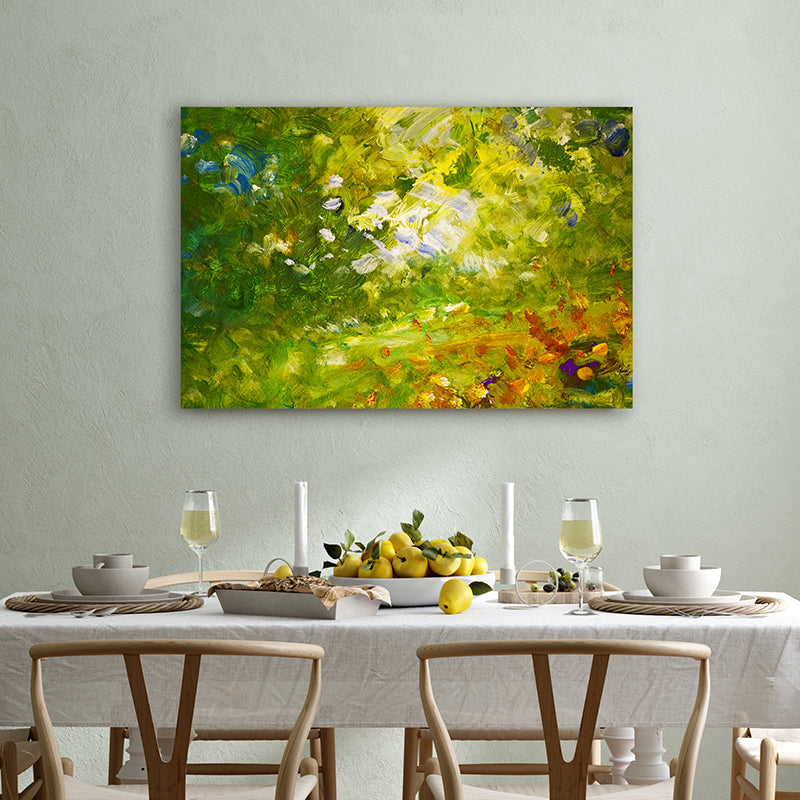 Art print depicting olive-green foliage and golden sunlight displayed in a country-style dining room.