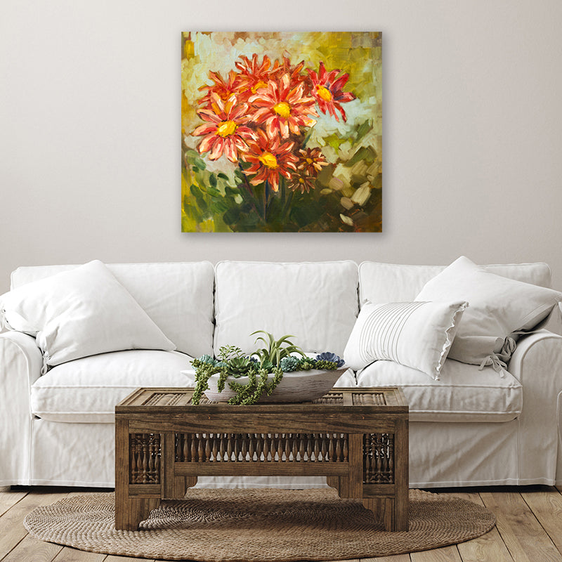 Art print depicting a cluster of red flowers and olive-green foliage, displayed in a country-style interior.