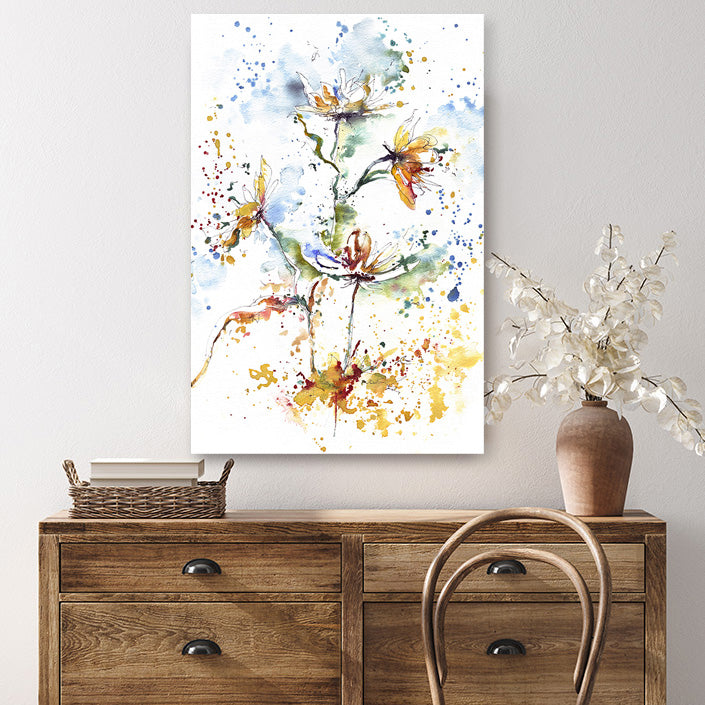Art print of flowers, transformed into a warm tan tone as they dry, displayed in a country-style interior.