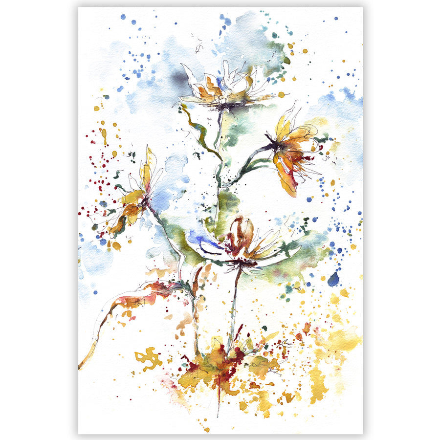 Watercolor artwork of flowers, swaying in the breeze, their petals transformed into a warm tan tone as they dry.