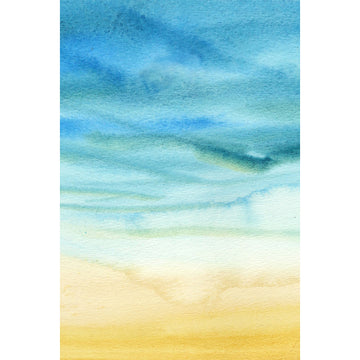 Watercolour abstract artwork in soft coastal colours of blue sky, sea, and pale golden sand.