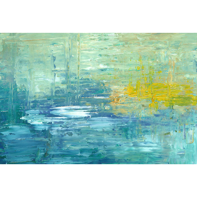Impressionist artwork of reflections on blue green water 