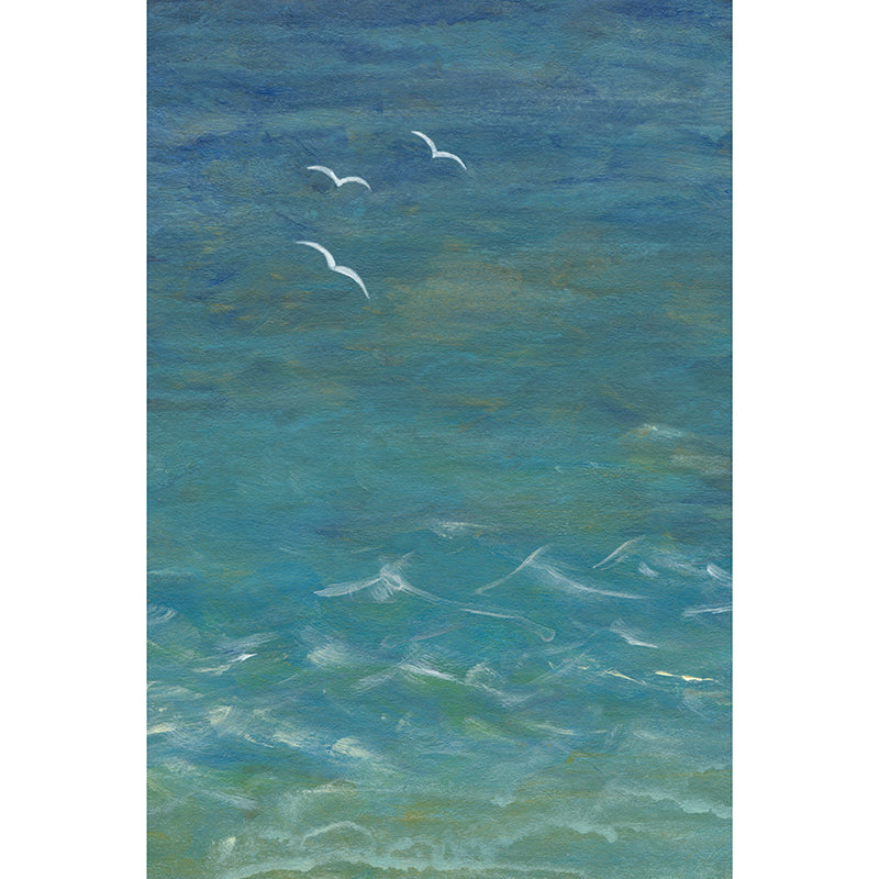 Artwork of aerial view of blue sea, with seagulls silhouetted against the turquoise water.