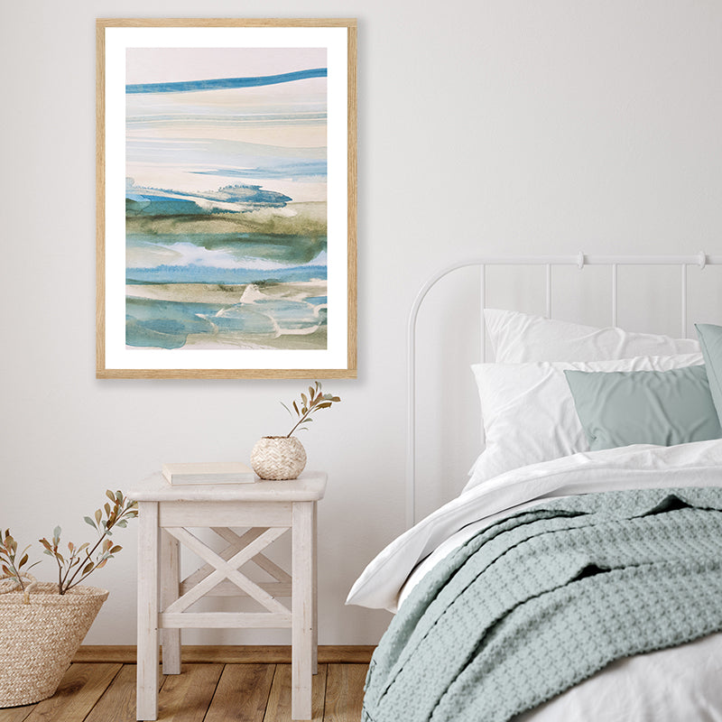 Abstract watercolour framed art print in blue, green, and grey, evoking a coastal landscape in the early morning.