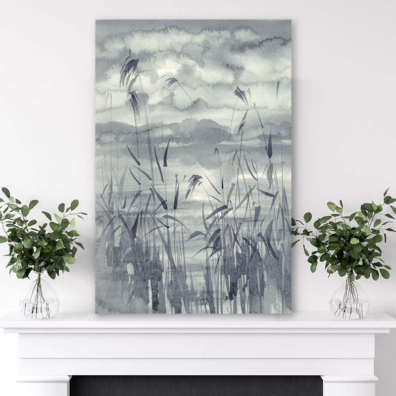 Black and white watercolour art print with soft grey washes of colour capturing a lakeside landscape. 