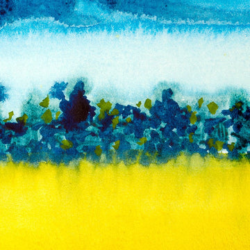 Abstract watercolour landscape painting of yellow field and blue background.