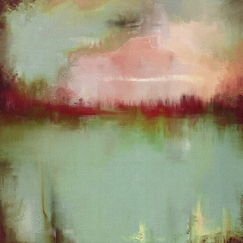 Abstract impressionist oil painting on canvas in sage-green, pink and red.