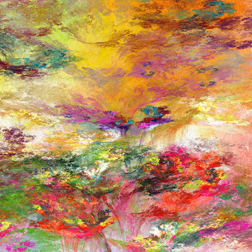 Modern abstract artwork in vibrant red, pink, green and gold.