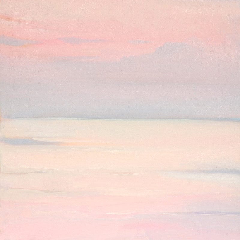 Abstract oil painting of a pastel pink sky above a calm translucent sea.