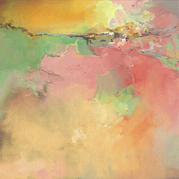 Abstract landscape painting of amber sunset with pink and green foreground.