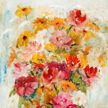 Art painting of  orange, red, and pink flowers.