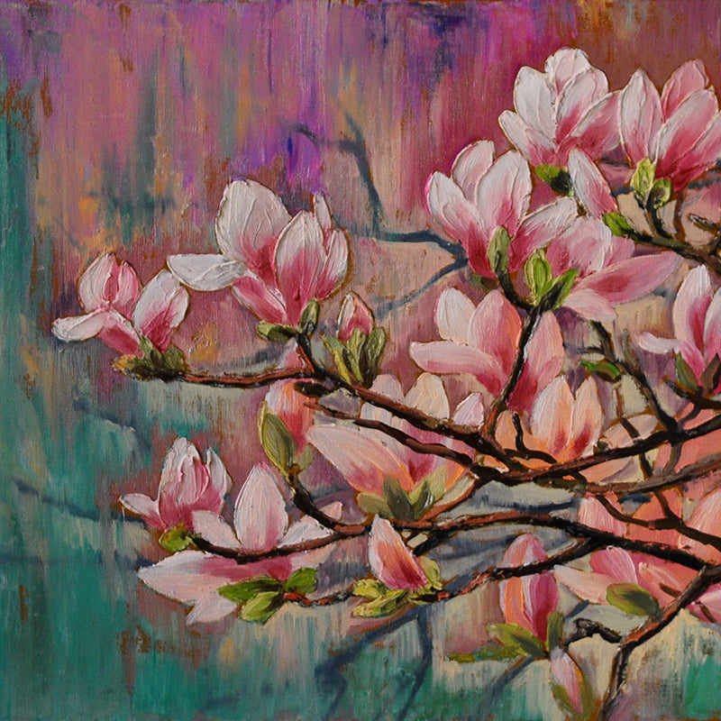 Oil painting of a magnolia tree branch laden with pink blossoms set against a lilac and emerald green abstract background.