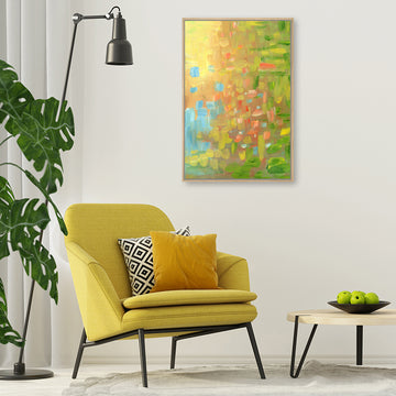 Abstract canvas art print with brushstrokes of green, yellow and blue in minimalist  interior.