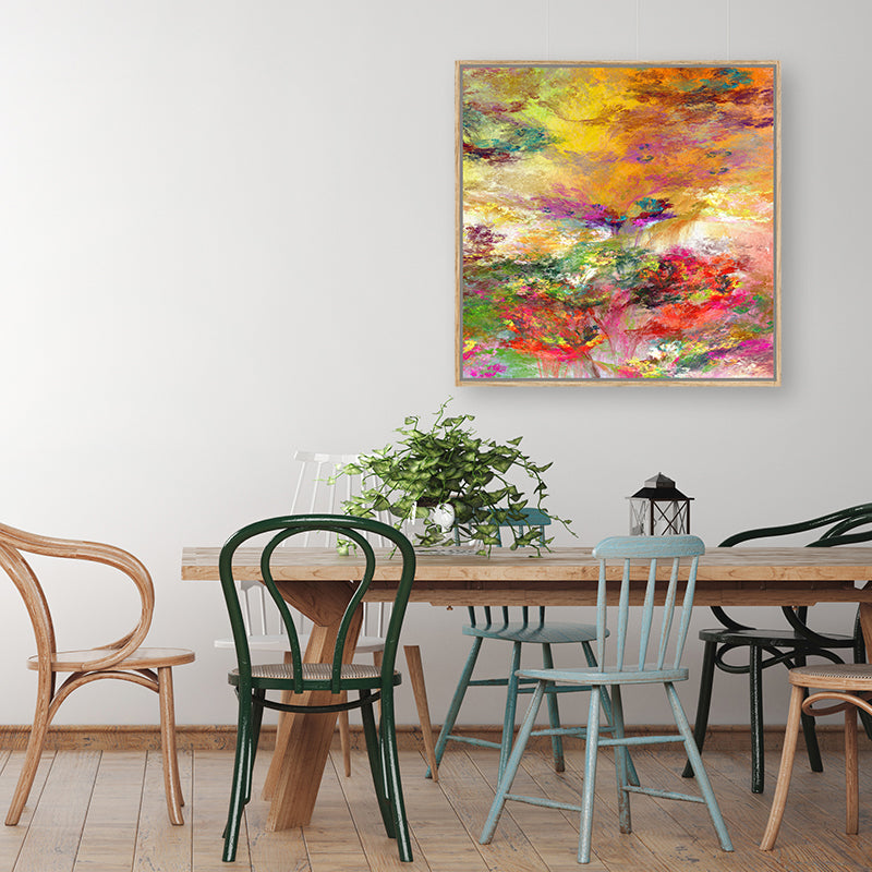 Colourful red, pink, green and gold contemporary framed canvas art print in a modern farmhouse dining room.
