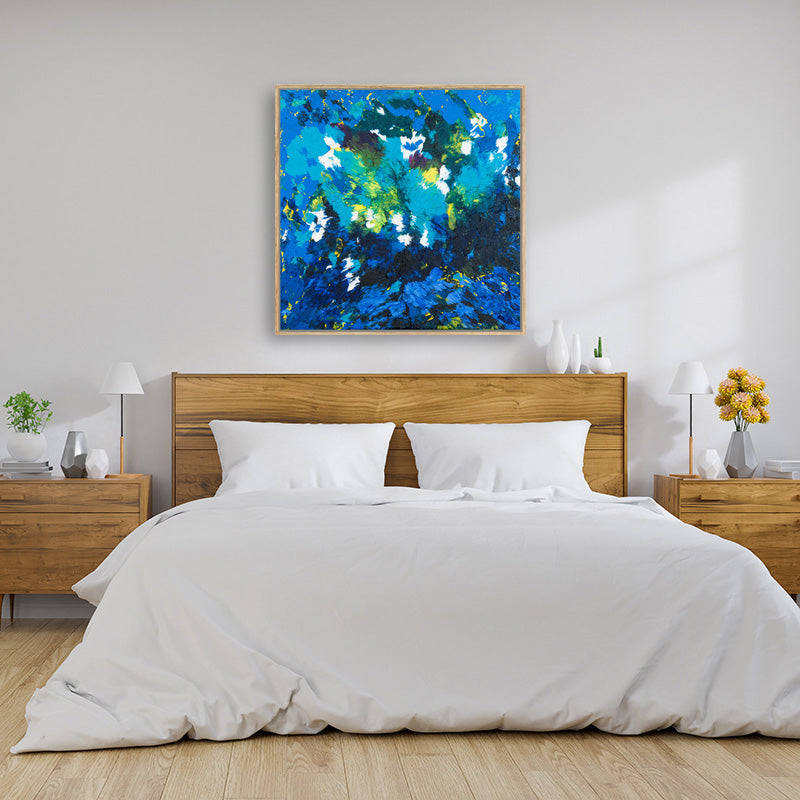 Canvas art print of starry night sky in minimalist country style bedroom.
