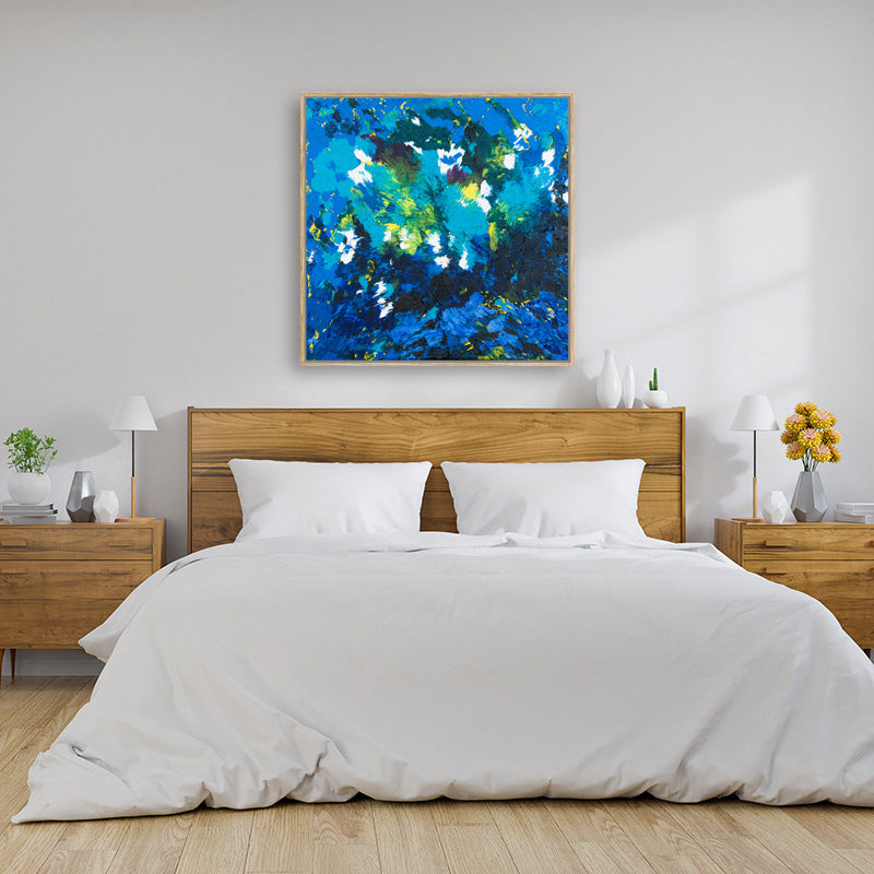 Canvas art print of starry night sky in minimalist country style bedroom.