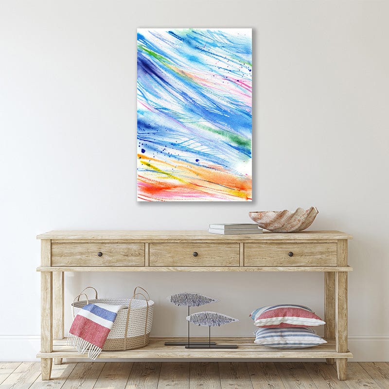 Abstract art print of blue and red watercolour sweeping brushstokes in beach house foyer. 