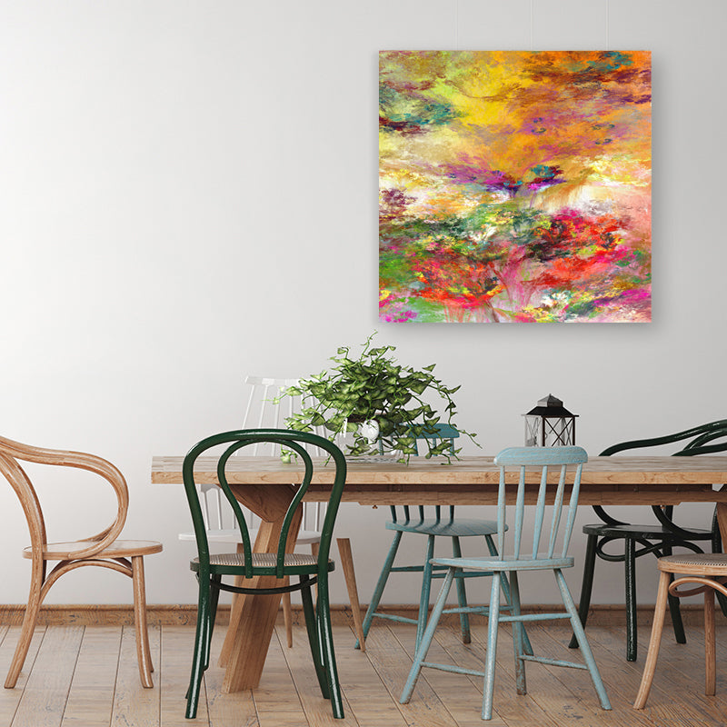 Colourful red, pink, green and gold contemporary canvas art print in a modern farmhouse dining room.