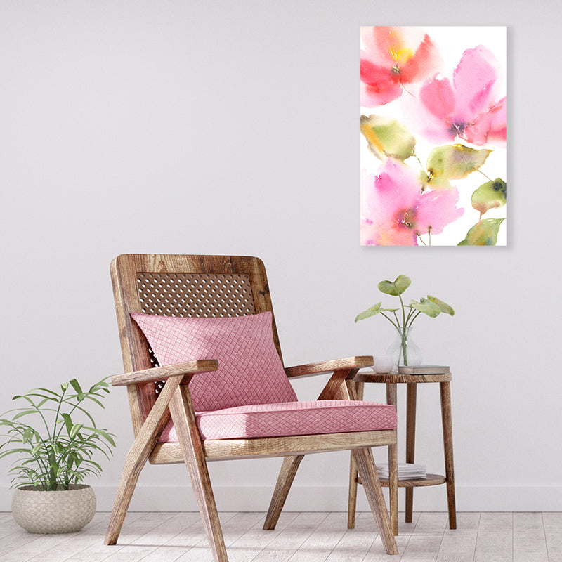 Pink and olive green abstract floral watercolour canvas art print in a minimalist interior.