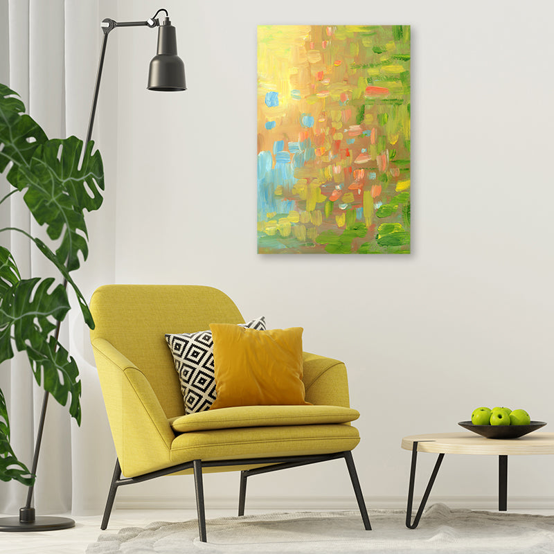 Abstract nature artwork with brushstrokes in green, yellow, tan and blue in minimalist interior.
