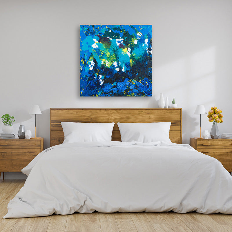Art print of starry night sky in country style bedroom.