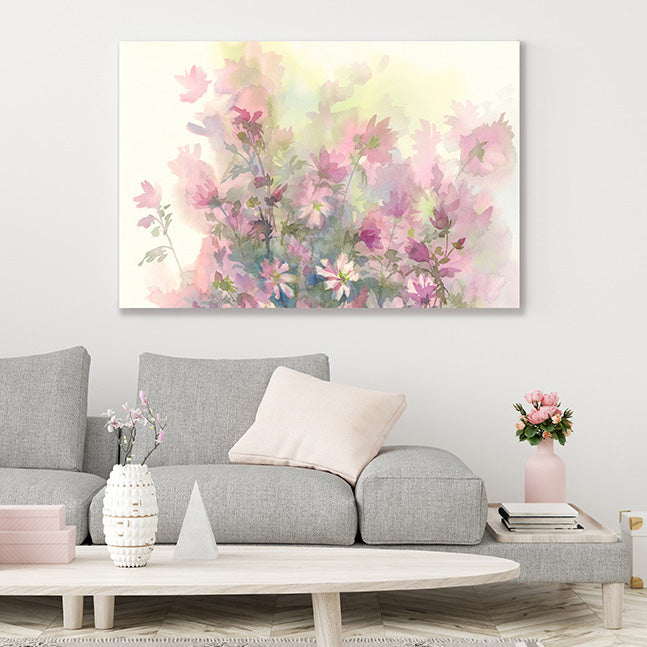 Pink floral watercolour canvas art print in soft minimalist interior.