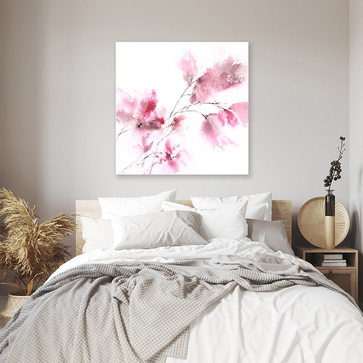 Abstract floral pink canvas wall art print in white and pale grey boho interior.