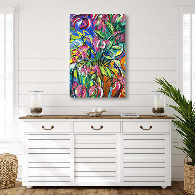 Colourful tropical art print in white coastal interior.  