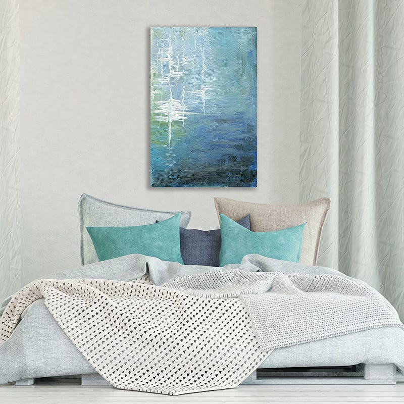 Impressionist art print of shimmering reflections of the moon on blue-green water in a luxurious minimalist bedroom.
